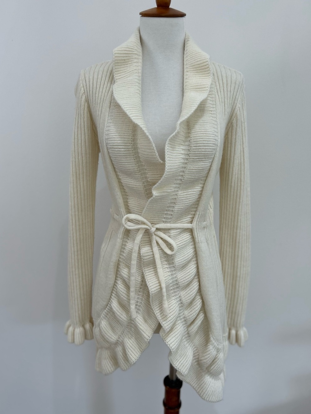 Vintage Cache Cream Ivory Ruffle Tie Front Knit Cardigan Sweater Wool Angora XS